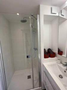 baño blanco con ducha y lavamanos en T3 Capitole-Climatisation-Balcon en Toulouse