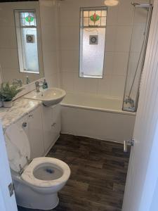 un baño con inodoro y lavabo en Wychwood A Beautiful Country Style Bungalow, en Ash 13 fotos más