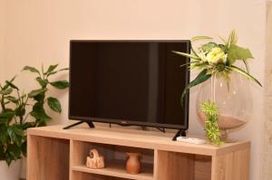 einen Flachbild-TV auf einem Holzständer in der Unterkunft Apartment Ančica in Split