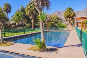 a swimming pool with palm trees and a fence at Hotel Naturaleza Vertientes de Elqui in El Molle