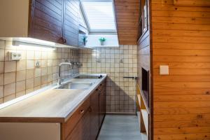 a kitchen with a sink and a window at Apartmaji Preželj in Bohinj
