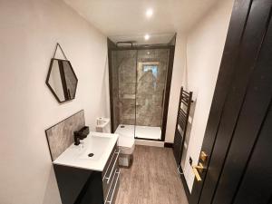 a bathroom with a toilet and a sink and a shower at The Beaumonts in Darlington