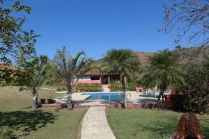 a house with a swimming pool and palm trees at Sitio Agua Doce in Santa Branca