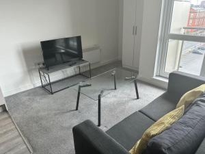 sala de estar con sofá y TV de pantalla plana en Fab, Spacious Studio+Balcony MCR, en Mánchester