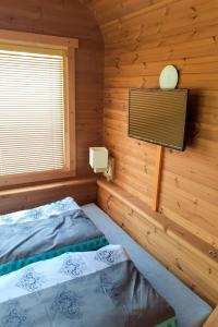 1 Schlafzimmer mit 2 Betten in einer Holzhütte in der Unterkunft Holiday Home Kemp Stříbrný rybník-10 by Interhome in Hradec Králové