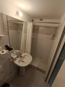 un bagno con lavandino e doccia di Old Town View Studio a Bucarest