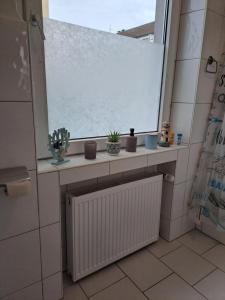 a window with potted plants and a radiator in a bathroom at Velbert am Berg in Velbert