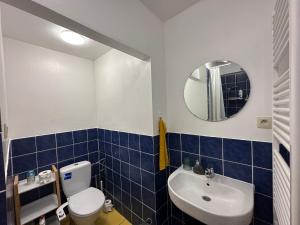 La salle de bains est pourvue de toilettes, d'un lavabo et d'un miroir. dans l'établissement Sofieflat - Wallifornie, à Charleroi