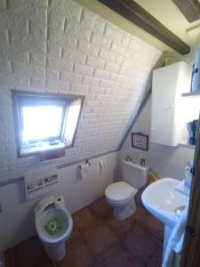 a bathroom with a sink and a toilet and a window at Ático en pleno pirineo in El Pueyo de Jaca