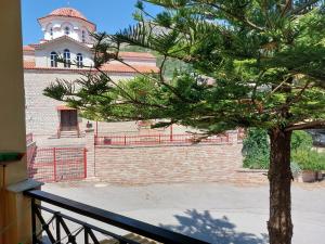 a pine tree in front of a building at Marilena House Plataria in Plataria