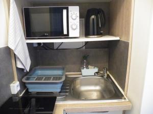 cocina con fregadero y microondas en Charmant F2 de 30m2 moin cher à 25 min de Paris jusqu'à 5 personnes, en Le Mée-sur-Seine
