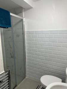 La salle de bains est pourvue de toilettes et d'une douche en verre. dans l'établissement Stylish Studio flat - Watford Junction - Harry potter, à Watford