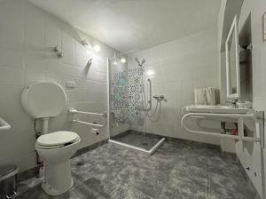 a bathroom with a toilet and a shower and a sink at Pintó Casa Hostel & Bar in Esquel