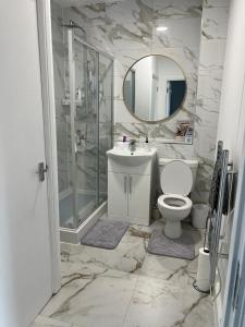 a bathroom with a toilet and a sink and a mirror at Luxury apartment in dudley in West Bromwich