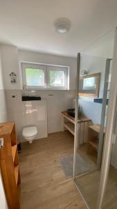 a bathroom with a toilet and a sink at Klönhüsing in Altefähr