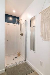 baño con ducha y puerta de cristal en Downtown Studio 2 at Beer Ranch Project Inn, en Wimberley