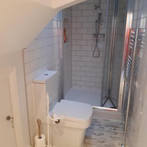 a bathroom with a shower and a toilet in it at Hideaway Cottage - Private ensuite room - 4 minutes to the sea! in Sandgate