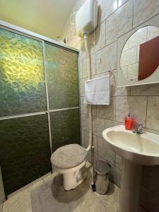 a bathroom with a shower and a toilet and a sink at Casa de campo com Piscina in Santo Amaro da Imperatriz