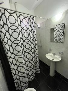 y baño con cortina de ducha y lavamanos. en Hotel Rosario, en Rosario