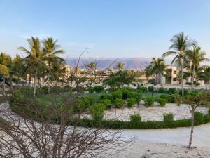a view of a park with palm trees and a building at Hawana Salalah Marina in Salalah