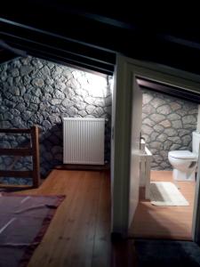 a bathroom with a toilet and a stone wall at PS Apartment Polydrosos - PS Rental in Polydrossos