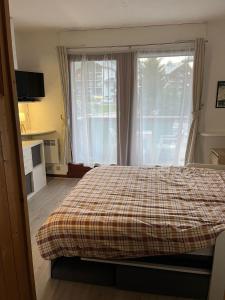 a bedroom with a bed and a large window at Combettes Studio Apartment in Les Contamines-Montjoie