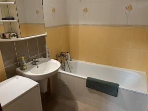 a bathroom with a sink and a bath tub next to a sink at Apartment 'ACTIVE LIFE' - near to Hockey, Football and Basketball stadium, VIVO Shopping center in Bratislava