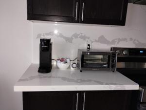 a kitchen counter with a toaster oven and a microwave at luxurious 3-bedroom residential home in Lincoln in Beamsville