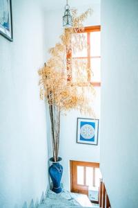 Un jarrón azul con una planta en una habitación en Casa da Ernesta en Mondim de Basto
