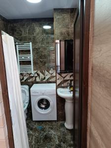 uma casa de banho com um lavatório e uma máquina de lavar roupa em квартира в сололаке em Tbilisi
