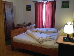 2 Einzelbetten in einem Schlafzimmer mit Fenster in der Unterkunft "0" Sterne Hotel Weisses Rössl in Leutasch/Tirol in Leutasch