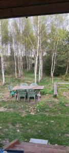 にあるDom na Kresach Grzybowszczyznaの木立公園のピクニックテーブルとベンチ