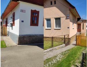 two pictures of a house and a house with a gate at chalupy Šuňava in Vyšnie Šuňava