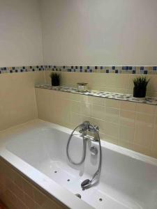 a bath tub with a faucet in a bathroom at Ferienwohnung im Heuboden in Züsch