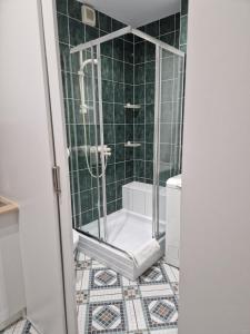 a bathroom with a shower with a toilet in it at Seaside in Gdańsk