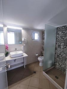 a bathroom with a sink and a toilet and a shower at Maria Pantermou Rooms in Skala Eresou