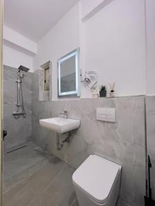 uma casa de banho com um WC e um lavatório em Villa Kanto (Holiday apartments and rooms) em Vlorë
