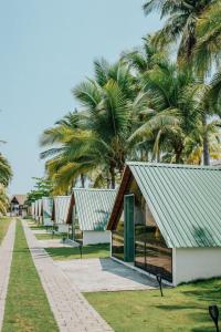 eine Reihe von Häusern mit Palmen im Hintergrund in der Unterkunft Los Olivos La Playa Hotel y Restaurante in Escuintla