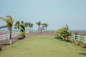 a beach with palm trees and a white fence at Los Olivos La Playa Hotel y Restaurante in Escuintla