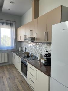 a kitchen with white cabinets and a black counter top at Apartment 5 confort&modern in Arad