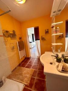 y baño con bañera, lavamanos y ducha. en la maison d'hôtes des Charentes en Les Touches-de-Périgny