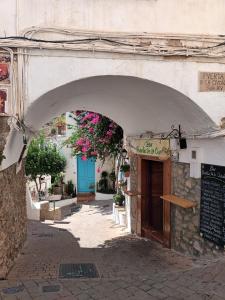 an archway in a building with a blue door at Pension El Torreon in Mojácar