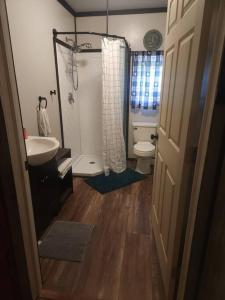 a bathroom with a sink and a toilet and a shower at 3 bed/2 bath Riverside cabin 