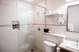 a bathroom with a shower and a toilet and a sink at Hotel Arvon in Great Falls +33 photos