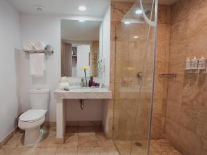 een badkamer met een douche, een toilet en een wastafel bij Memora Chapala in Chapala
