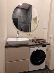 a bathroom with a sink and a washing machine at Centro apartamentai in Panevėžys