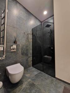 a bathroom with a shower and a toilet and a sink at Centro apartamentai in Panevėžys