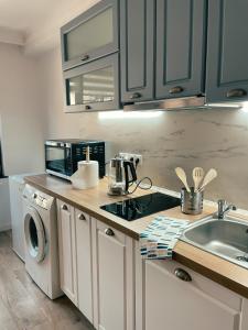 a kitchen with a sink and a washing machine at Studio Glen in Târgu-Mureş +6 photos