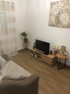 a living room with a couch and a tv at Moradia São Romão in Torrão