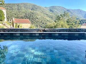 una piscina con montañas en el fondo en Casa Arena Authentique maison de village avec piscine au cœur de l’Alta Rocca - Zoza en Zoza